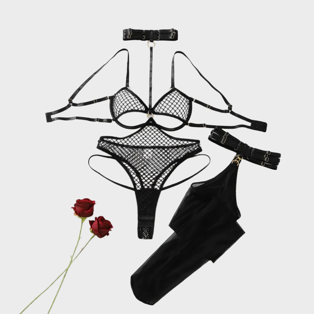 Fishnet Stocking Women - Zwarte visnetlingerieset voor dames, 5-delig, inclusief